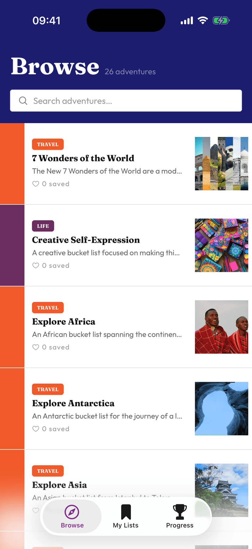 Lifelist — Browse screen